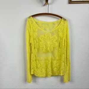 Anthro Sheer Yellow Boho Sunny Daisy Mandala Embroidered Blouse